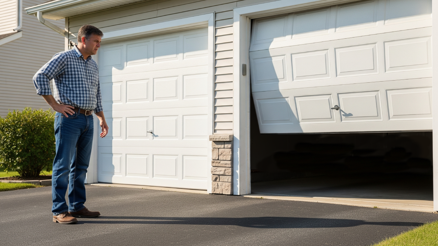 Frustrated man trying to fix his garage door